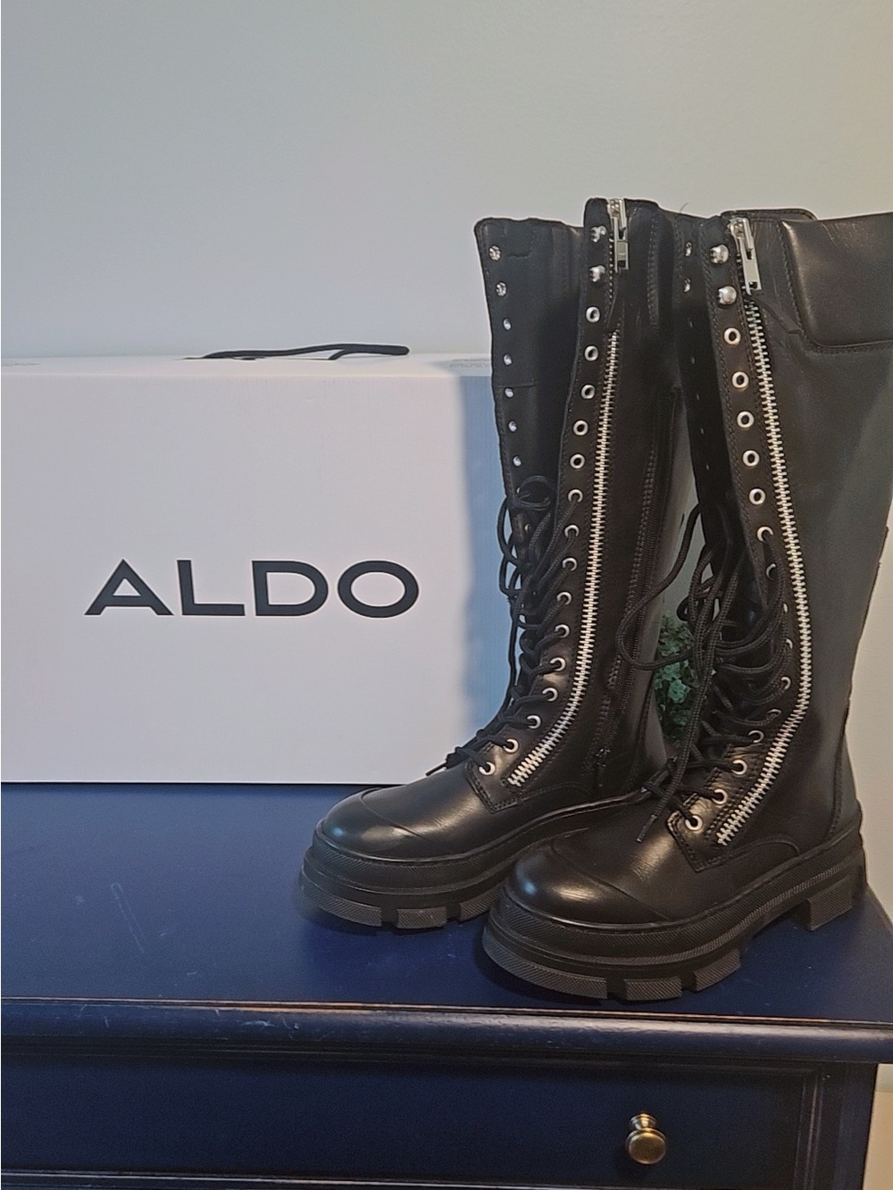 ALDO Black Lace-Up Platform Combat Boots with Side Zippers